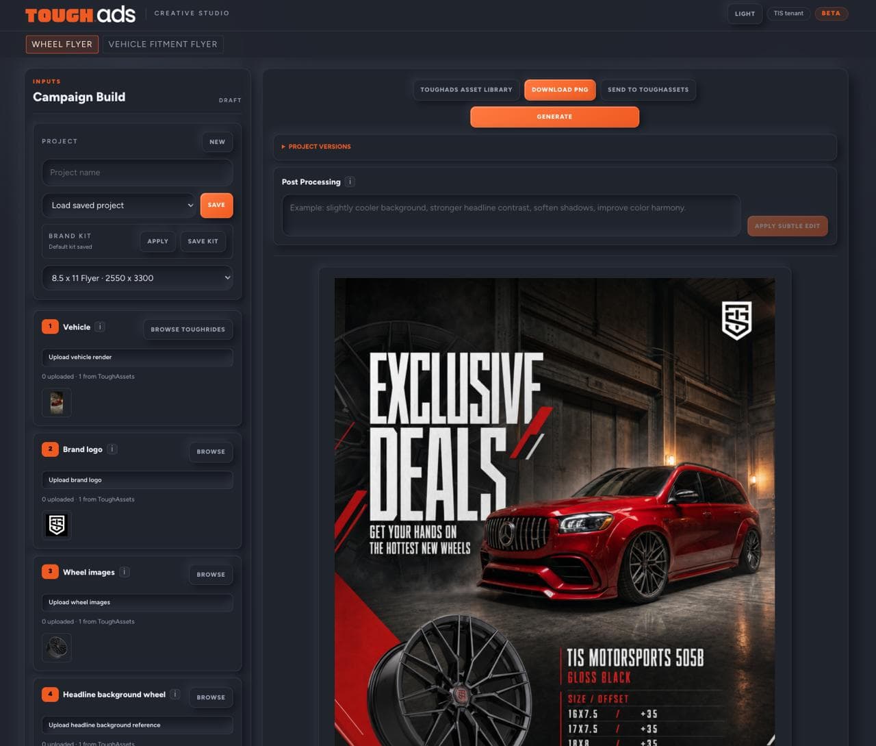ToughAds Creative Studio — wheel flyer builder generating a finished dealer flyer from a vehicle render, brand logo, and wheel images